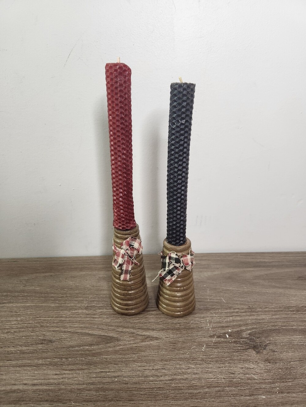 Primitive Wood Spool Beehive Bobbin Spindle Candle Holders